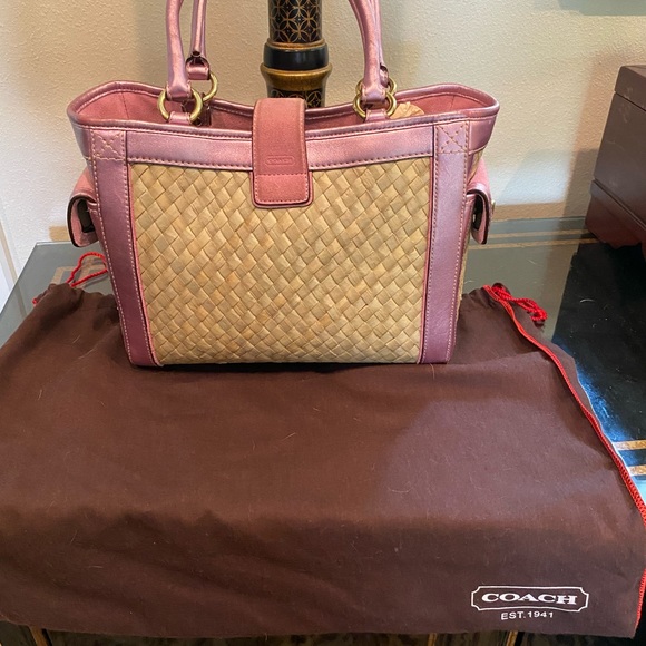 COACH STRAW/LEATHER HANDBAG PREOWNED Pink/tan - Picture 9 of 10